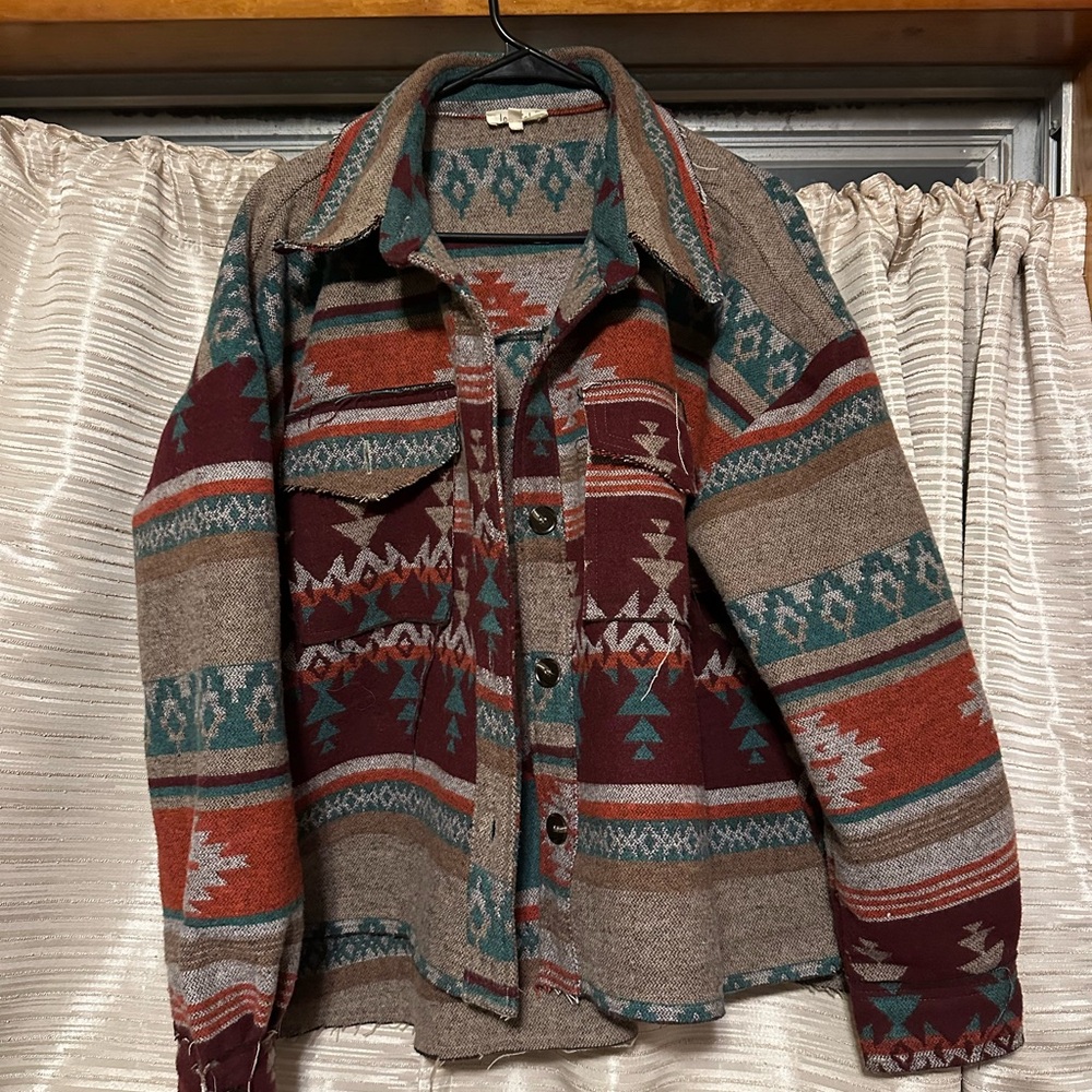 LA MIEL Southwestern Patterned Cardigan in Muted Red and Turquoise